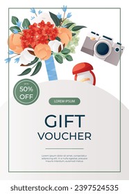 Promo gift flyer with wedding bouquet of peony, engagement ring in red velvet box, retro camera. Wedding day accessories, decorations. Celebrate marriage, save the date ceremony for poster, banner