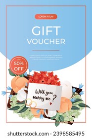 Promo gift flyer with "Will You Marry Me" proposing card in flower box with engagement rings. Wedding day accessories, decorations. Celebrate marriage, save the date ceremony for poster, advertising