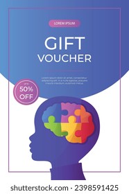 Promo gift flyer world autism awareness day with child head with puzzle pieces. International solidarity, asperger’s day.Health care, mental illness. Social media post. A4 vector for poster, banner