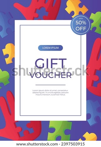 Promo gift flyer world autism awareness day with hand colorful puzzle pieces. International solidarity, asperger’s day. Health care, mental illness. Social media post. A4 vector for poster, banner