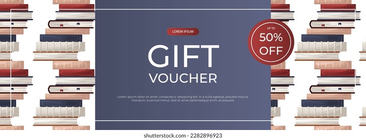 Promo gift voucher banner with reading pattern of stack of books. World book day. Bookstore, bookshop, library, book lover, bibliophile, education. Vector for poster, cover, advertising