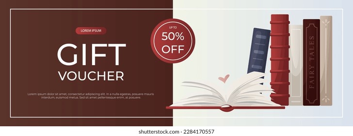 Promo gift voucher banner reading open huge book with heart, reading stack of books. World book day. Bookstore, bookshop, library, book lover, bibliophile, education. Vector for poster, cover