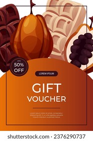 Promo gift voucher with cocoa bean, dark, white chocolate bar pieces, candy. Chunks and blocks of brown chocolate. Milk sweet dessert, cooking ingredient for confectionery shop. A4 for poster, banner