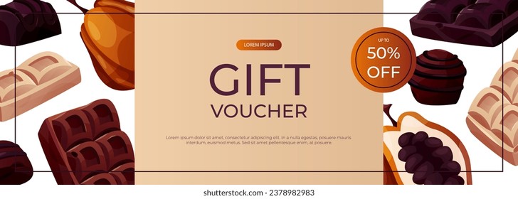 Promo gift voucher with cocoa bean, dark, white chocolate bar pieces, candy. Chunks and blocks of brown chocolate. Milk sweet dessert, cooking ingredient for confectionery shop. A4 vector for poster