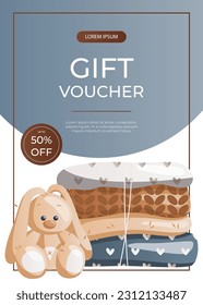 Promo gift voucher flyer  with knitted clothes, toy rabbit. Skein of yarn.Tools, equipment for knitwork, handicraft. Handmade needlework, hobby. Knitting studio A4 vector for poster, banner, cover