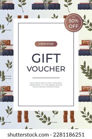 Promo gift voucher flyer with reading pattern of stack of books with bow, wooden letter tiles. Bookstore, bookshop, library, book lover, bibliophile, education. A4 vector for poster, banner, cover