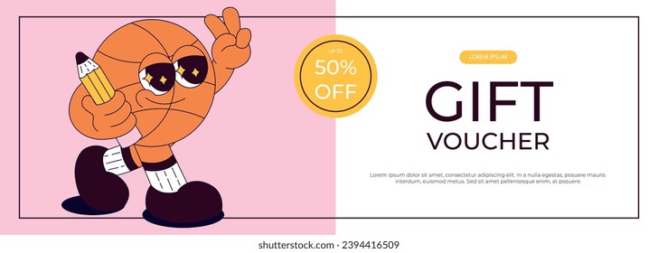 Promo gift voucher with funky retro groovy basketball ball character with pencil. Back to school. Children's stationery, funny study school supplies. Nostalgia 60s, 70s, 80s. Vector for banner, poster