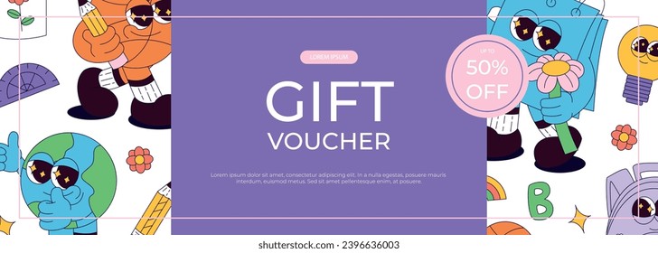 Promo gift voucher with funky retro groovy basketball ball, note, book, earth planet, backpack, stickers. Back to school. Children's stationery, funny study school supplies. Nostalgia 60s, 70s, 80s. 