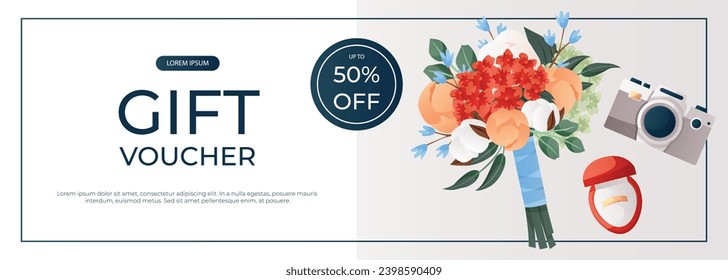 Promo gift voucher with wedding bouquet of peony, engagement ring in red box, retro camera. Wedding day accessories, decorations. Celebrate marriage, save the date ceremony for poster, advertising