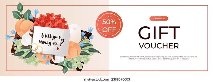 Promo gift voucher with "Will You Marry Me" proposing card in flower box with engagement rings. Wedding day accessories, decorations. Celebrate marriage, save the date ceremony for poster, advertising