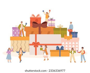 Promo gifts concept, surprise and rewards. Sale offers, benefits for referral customer and card holders. Happy people with boxes snugly vector scene