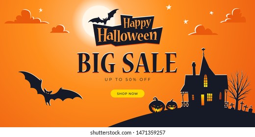 Promo Halloween background template. Big Sale. Haunted House, Full Moon, Bats, Ominous Pumpkins, Cemetery - Vector