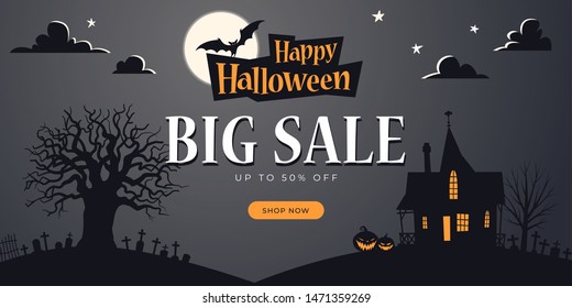 Promo Halloween background template. Big Sale. Haunted House, Full Moon, Bats, Ominous Pumpkins, Cemetery - Vector