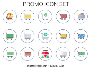 promo icon set. 15 flat promo icons.  Collection Of - stand, cart