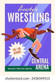 Promo of international freestyle wrestling competition. Professional wrestlers during sport battle on advertising poster. Fighter raises and throws athlete. Greco roman fight. Flat vector illustration