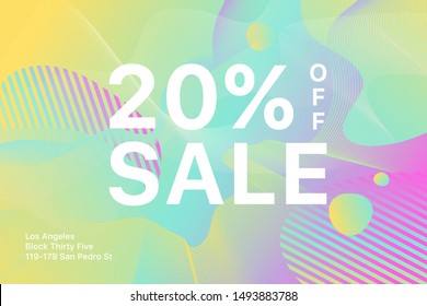 Promo leaflet for your seasonal design. Futuristic sale backdrop. Big inscription sale. Sale 20% off. Green multi-layered background.