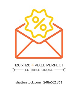 Promo mail two color line icon. Email marketing. Newsletter. Special offer. Envelope and discount sign bicolor outline symbol. Duotone linear pictogram. Isolated illustration. Editable stroke