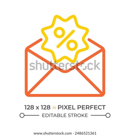 Promo mail two color line icon. Email marketing. Newsletter. Special offer. Envelope and discount sign bicolor outline symbol. Duotone linear pictogram. Isolated illustration. Editable stroke