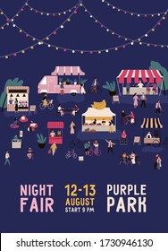 Promo of night fair with place for text vector flat illustration. Colorful people spending time at street market poster isolated on black. Man woman and couples walk between kiosk or stalls