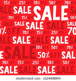 Promo offer seamless pattern with sale text and percentage off amount on a red background. Typography repeat design with discount numbers. 