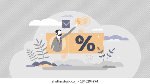 Promo offer as special price reduce discount coupon offer tiny person concept. Voucher for sale promotion as store marketing and advertisement method vector illustration. Influencer deal banner scene.