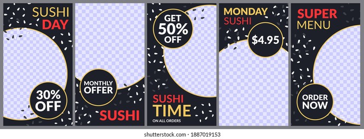 Promo offers for social media post sushi, vector illustration. Set of banners design for sushi bar, Japanese restaurant.
