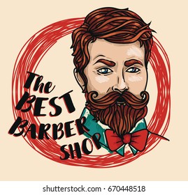 promo poster for the best barbershop with head of trendy man, vector illustration in sketch style