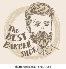 promo poster for the best barbershop with head of trendy man, old fashioned style,  vector illustration in sketch style