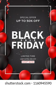 Promo poster for Black Friday sale. Dark background with black and red balloons for seasonal discount offer. Vector illustration with confetti and serpentine.