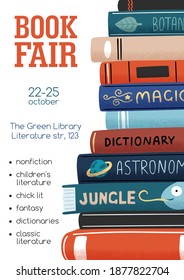 Promo poster for book fair with stack of different academic and entertainment literature vector flat illustration. Vertical advertising template for bookstore or library with a place for text