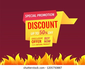 Promo poster with burning fire flame, hot offer sale label isolated. Limited time only one day special offer 50% discount on exclusive products vector