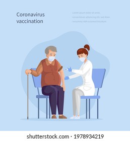 Promo poster coronavirus vaccination for mature people with text. Female medical worker injecting elderly male patient use syringe isolated. Woman doctor applying immunization covid19 vector flat