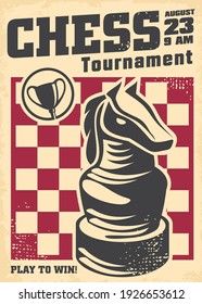 Promo poster design for chess tournament with chess board and knight piece. Retro advertisement for popular game. vector illustration on old textured paper.