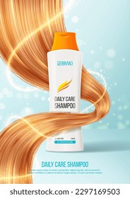 Promo poster of hair shampoo or conditioner. 3d vector illustration of cosmetic product. Realistic bottle and hair strands for promotion of female shampoo. Beauty product advertising.