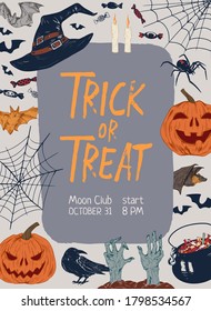 Promo poster of Halloween party with traditional symbols and place for text vector illustration. Announcement of Trick or treat festive event isolated. Hand drawn placard with scary characters