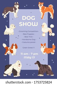 Promo Poster Template Dog Show Flat Vector Illustration. A Lot Of Different Dogs Breeds Around Place For Your Text. Funny Domestic Animals Or Purebred Pets.