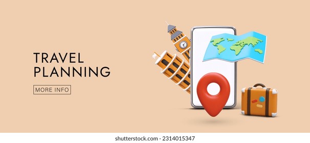 Promo poster for travel company. Realistic mobile phone, map with pin, suitcase and famous landmarks. Web page with text and button more info. Vector illustration with orange background