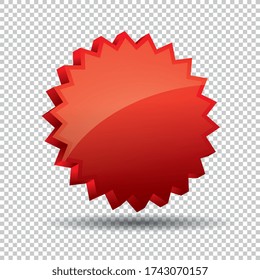 Promo sale badge or starburst sticker 3d icon, logo isolated design on checked transparent background, copy space for individual text. Vector illustration. Eps 10 vector file.