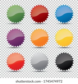 Promo sale badges in different colors or starburst stickers icons, for logo isolated design on checked transparent background, copy space for individual text. Vector illustration. Eps 10 vector file.