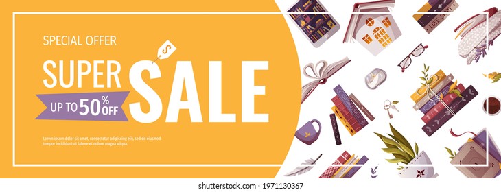 Promo Sale Banner For Bookstore, Bookshop, Library, Book Lover, E-book, Education. Vector Illustration For Poster, Banner, Advertising, Flyer.