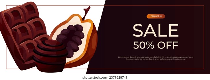 Promo sale banner with cocoa bean, dark, white chocolate bar pieces, candy. Chunks and blocks of brown chocolate. Milk sweet dessert, cooking ingredient for confectionery shop. A4 vector for poster