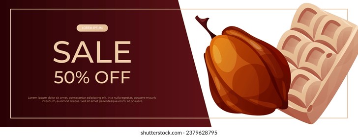 Promo sale banner with cocoa bean, dark, white chocolate bar pieces, candy. Chunks and blocks of brown chocolate. Milk sweet dessert, cooking ingredient for confectionery shop. A4 vector for poster