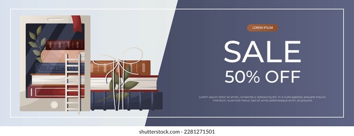 Promo sale banner with electronic ebook reader, stack of books, bow, plant. World book day.  Book heap. Bookstore, bookshop, library, book lover, bibliophile, education. A4 vector for poster, cover