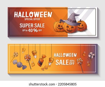 Promo sale banner or flyer for Halloween. Vector illustration of Halloween pumpkins, Halloween sweets, candies, lollipops. Background for poster, banner, card, flyer, discount. 