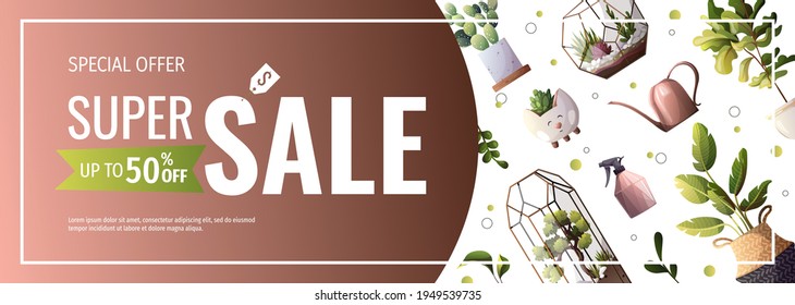 Promo sale banner for houseplants store, greenhouse, florarium, home garden, gardening, plant lover. Vector illustration for poster, banner, flyer, advertising, commercial, promo. 