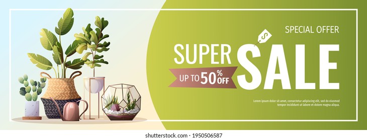 Promo sale banner for houseplants store, greenhouse, florarium, home garden, gardening, plant lover. Vector illustration for poster, banner, flyer, advertising, commercial, promo. 