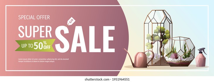 Promo sale banner for houseplants store, greenhouse, florarium, home garden, gardening, plant lover. Vector illustration for poster, banner, flyer, advertising, commercial, promo. 