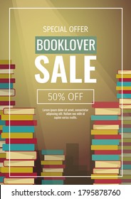 Promo sale banner for Library, bookshop and bookstore. A large number of books stacked in piles. A4 vector illustration for banner, flyer, poster, commercial, discount, special offer.