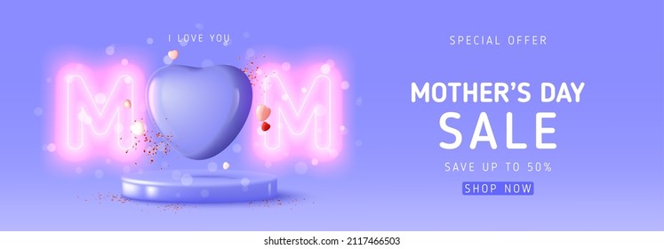 Promo sale banner for Mother's day  Seasonal offer  Vector illustration and neon letters  hearts  confetti   podium violet background  Purple holiday card for event promo congratulation 