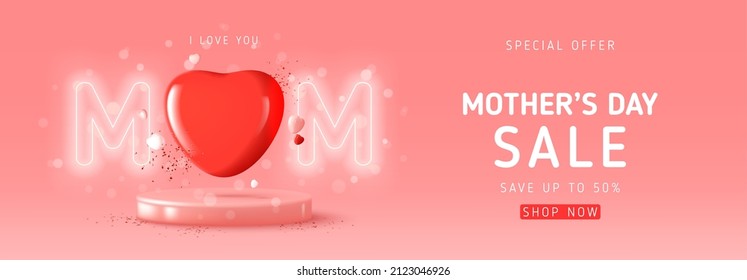 Promo sale banner for Mother's day. Seasonal offer. Vector illustration with neon bright letters, hearts, confetti and podium on pink background. Modern holiday card for event promo or congratulation.